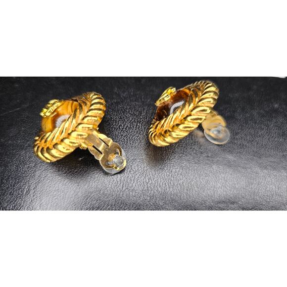 CHANEL Vintage Coco Mark Tiger Eye Earrings - Picture 6 of 6